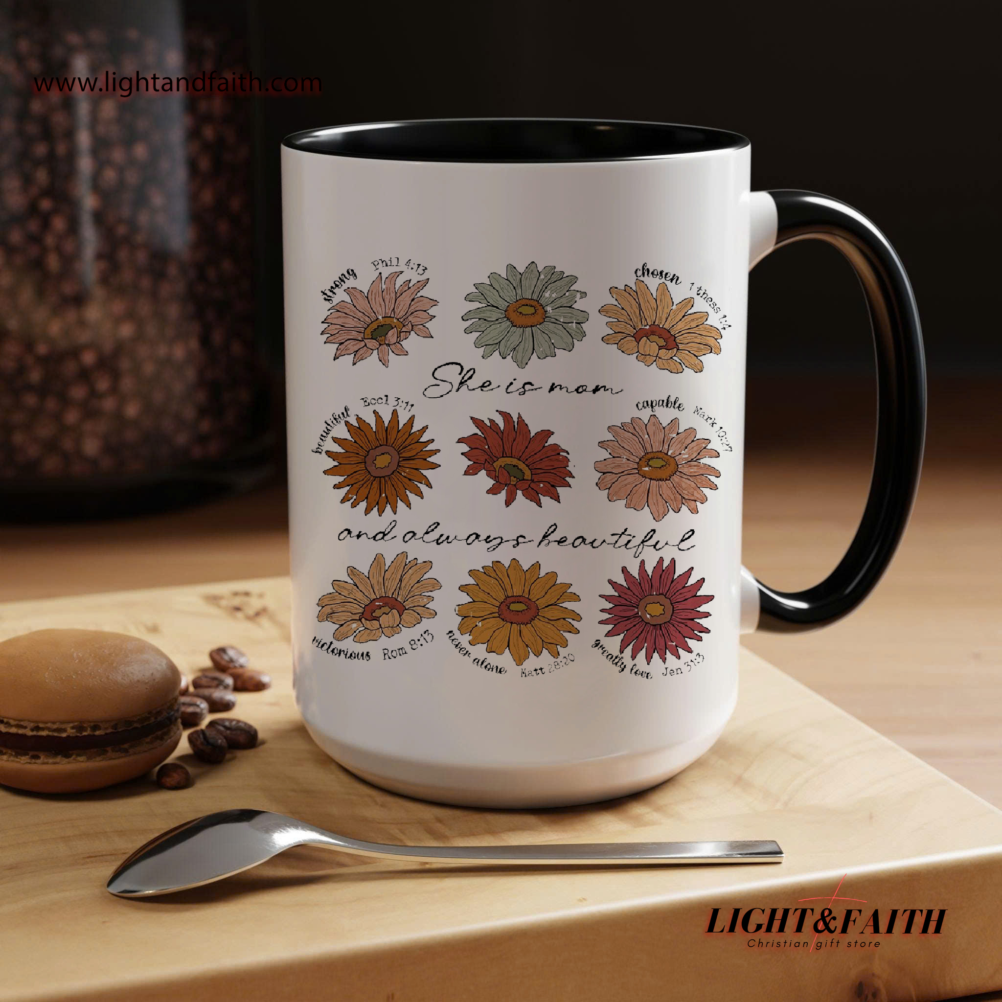 Christian Mom Flower Mug, Bible Verse Mother’s Day Gift, She Is Mom and Always Beautiful Mug, Faith-Based Gift for Christian Mothers MULAF66